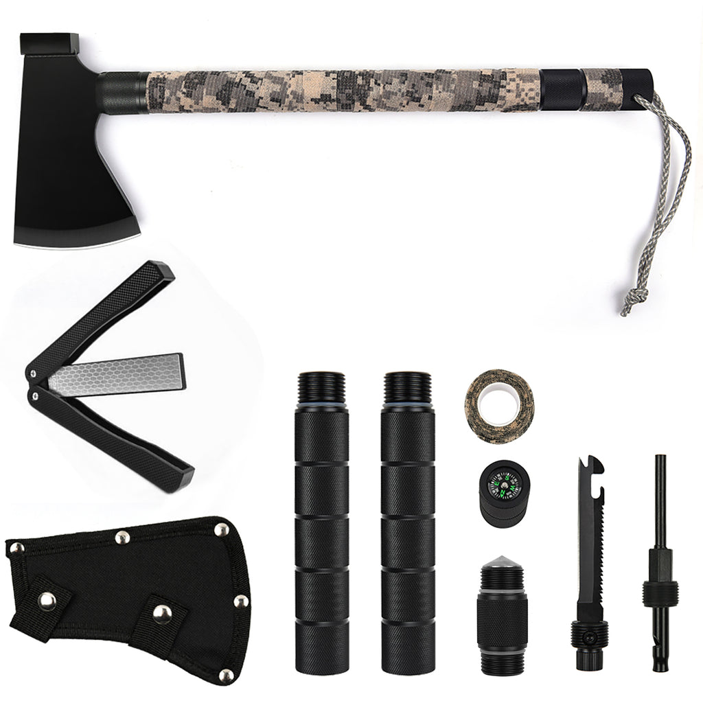 Yeacool Camping Hatchet, Survival Axe, with Sharpener, Sheath, Tactical Axe Multitool, for Camping, Hiking, Survival, Hunting and Emergency
