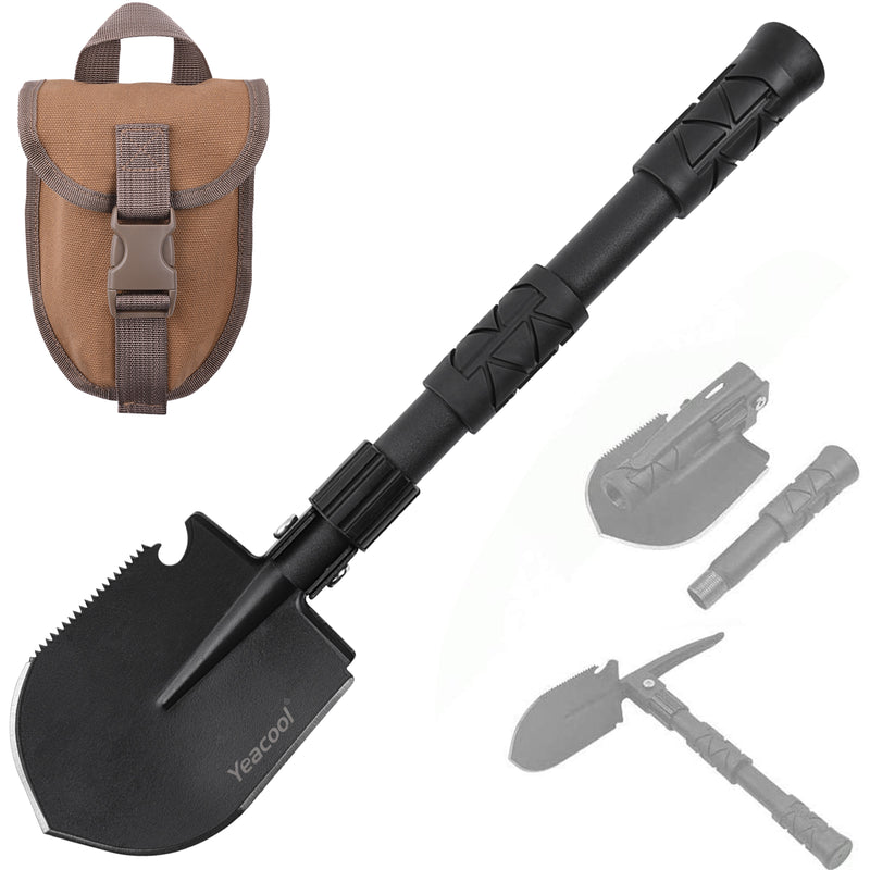 Yeacool Camping Shovel Foldable, Folding Trench Shovel, Metal Detector Accessories, Army Trenching Tool with Pickaxe, Collapsible Tactical Multi-Tool for Surival, Digging, Backpacking, Car Emergency