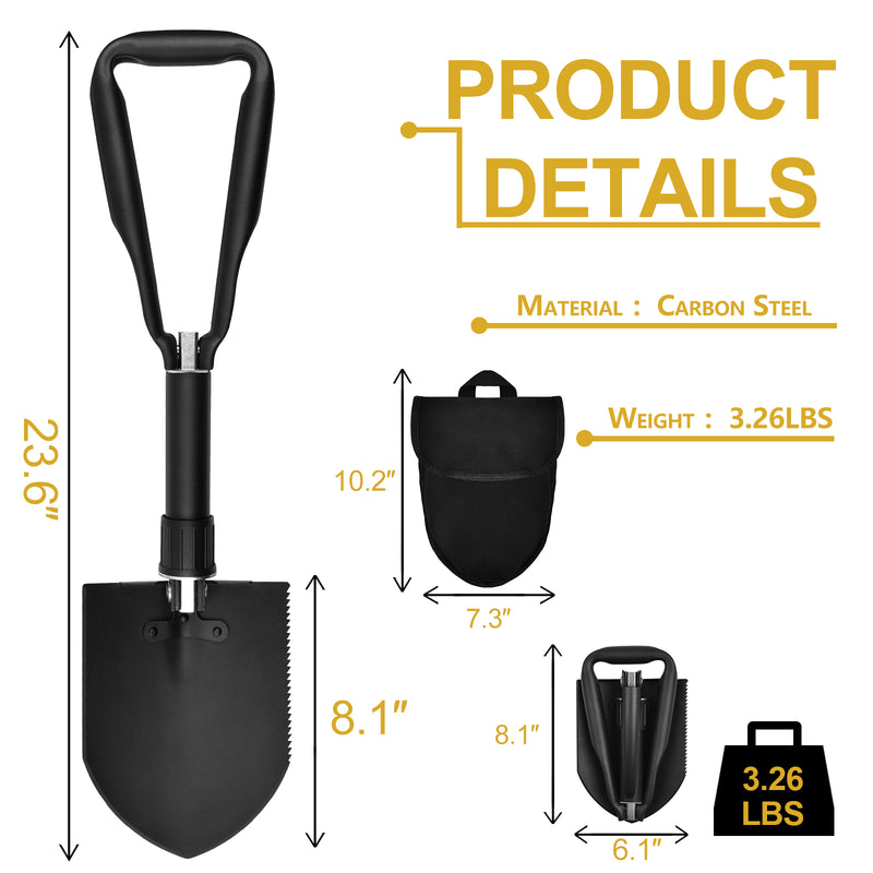Yeacool Camping Shovel w/Pick 23 inch, Folding Entrenching Tool, Heavy Duty Carbon Steel, Survival Portable Shovel, with Carry Case for Digging, Off-Roading, Gardening and Car Eemergency