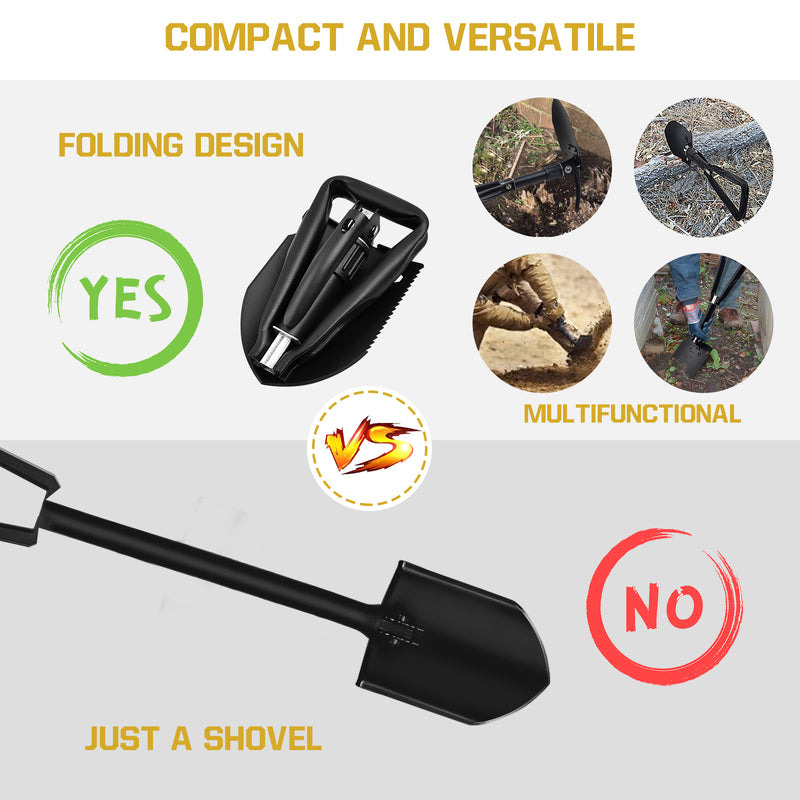 Yeacool Camping Shovel, Folding Shovel w/Pick, Entrenching Tool Military, Survival Foldable Spade, Heavy Duty Carbon Steel, with Carry Case, for Digging, Metal Detecting, Backpacking and Car Emergency