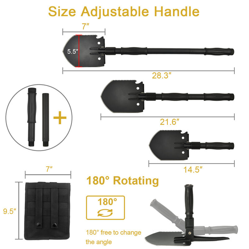 Yeacool Survival Shovel, Camping Folding Shovels, Military Spade Multitool, Tactical Trench Tool, with Pickaxe, Molle Bag, Foldable, for Digging, Metal-Detecting, Off Roading, Emergency and Outdoor
