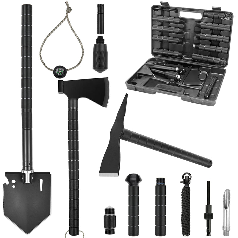 Yeacool Survival Shovel Axe, Camping Shovels Multi-Tool, Military Spade Pickaxe, Folding Off-Roading Tool Kit, with Carrying Box, for Camping, Hiking, Metal Detecting, Emergency Outdoor