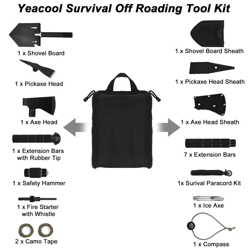 Yeacool Survival Shovel Multitool, Camping Shovels and Axe, Folding Off-Roading Kit, Tactical Hatchet, Military Spade Pickaxe with Molle Carrying Bag, for Metal Detecting, Car Emergency Outdoor