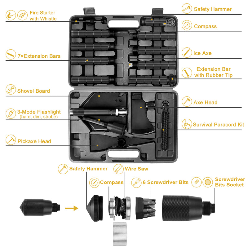 Yeacool Survival Shovel Axe, Camping Shovels Multi-Tool, Military Spade Pickaxe, Folding Off-Roading Tool Kit, with Carrying Box, for Camping, Hiking, Metal Detecting, Emergency Outdoor