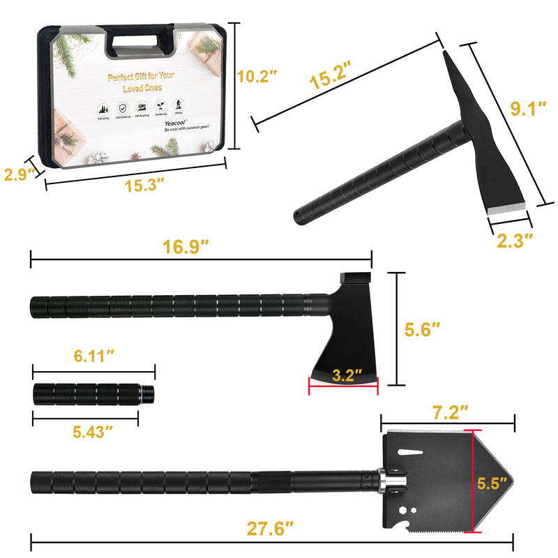 Yeacool Survival Shovel Axe, Camping Shovels Multi-Tool, Military Spade Pickaxe, Folding Off-Roading Tool Kit, with Carrying Box, for Camping, Hiking, Metal Detecting, Emergency Outdoor